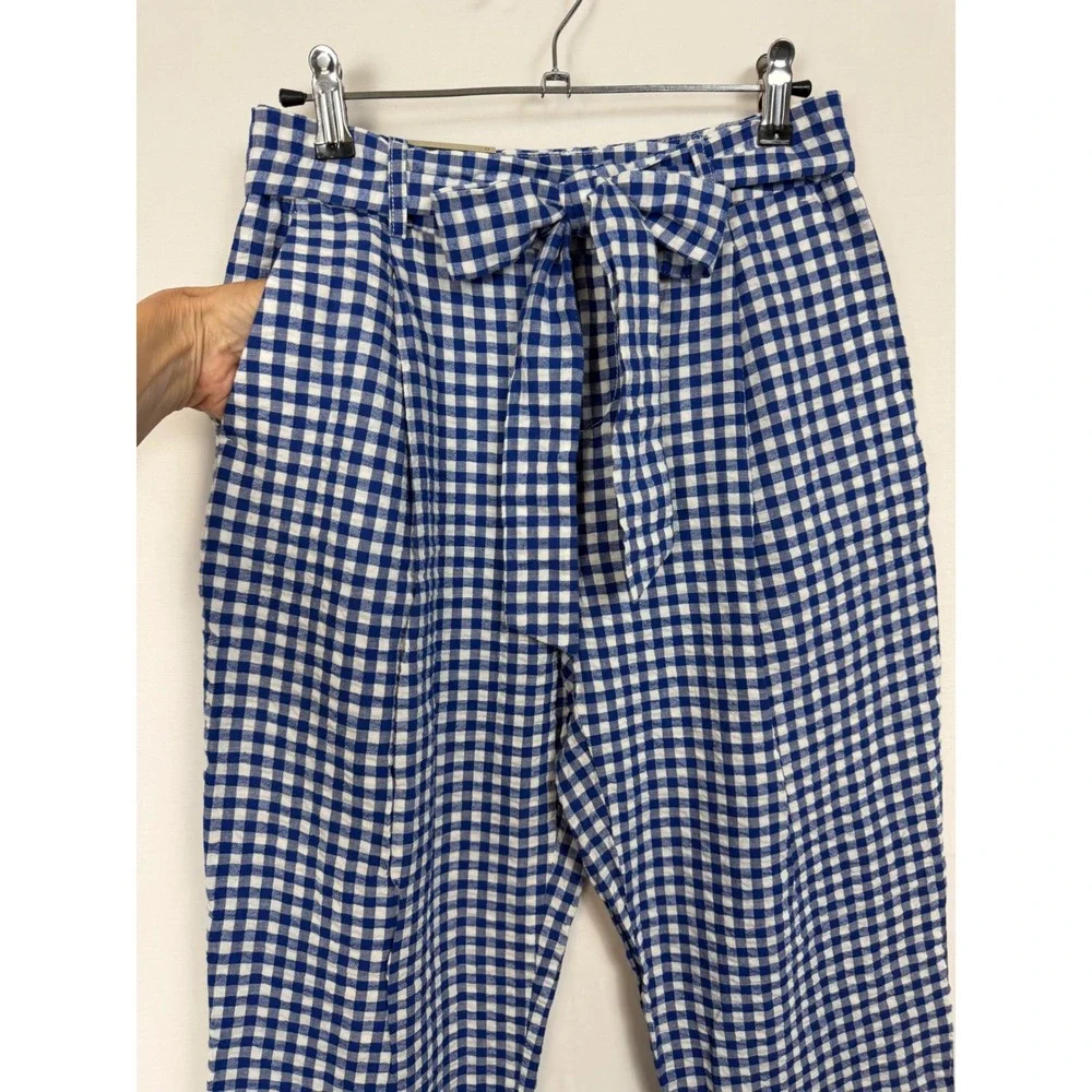 Banana Republic Women Cotton Linen Pants 0 Blue Gingham Tie Waist Tapered Leg